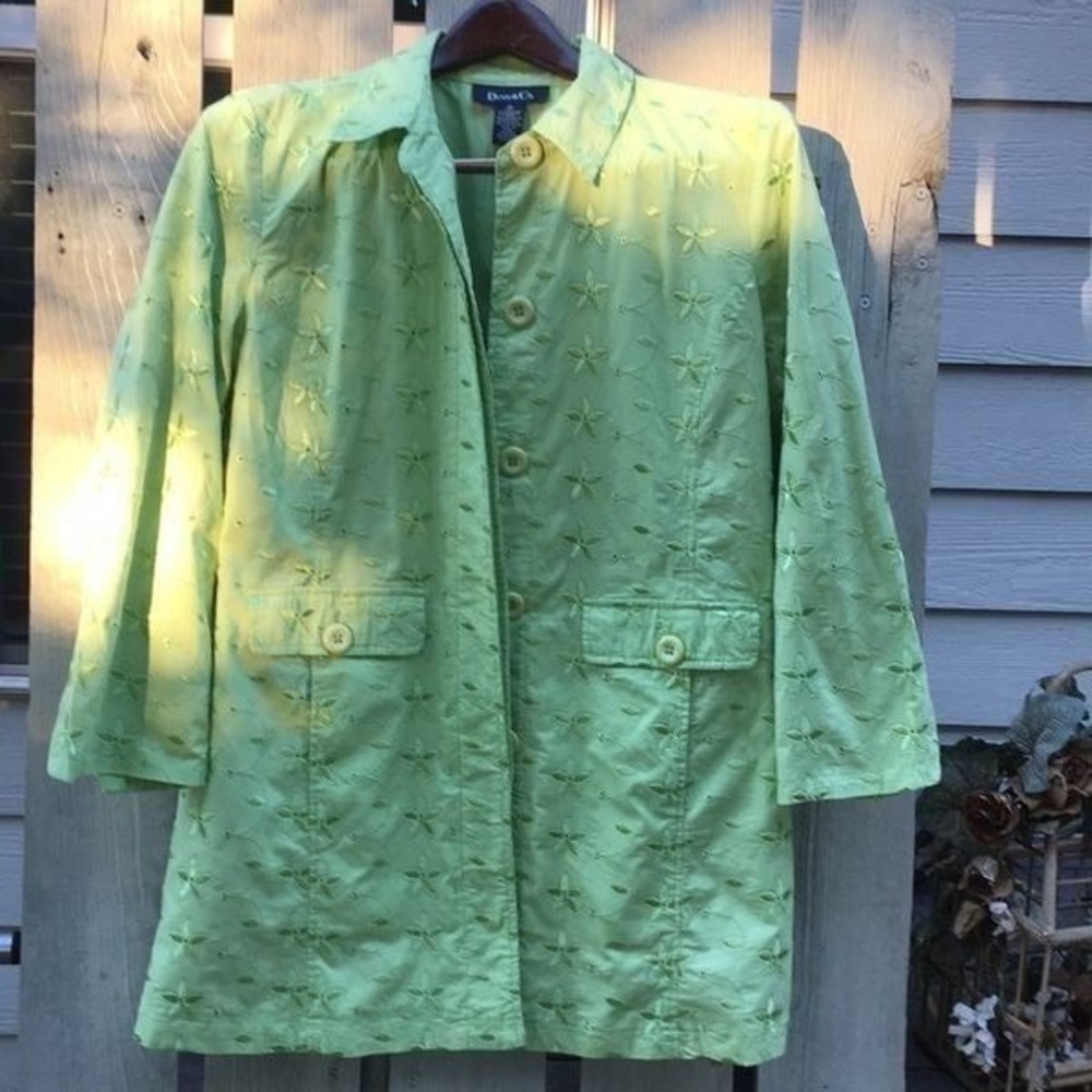 Denim & Co. Sz 1X Green Coat Jacket w/  Embroidered Flowers